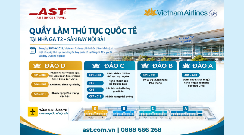 Vietnam Airlines điều chỉnh quầy làm thủ tục quốc tế tại nhà ga T2 Nội Bài: Hành khách cần lưu ý