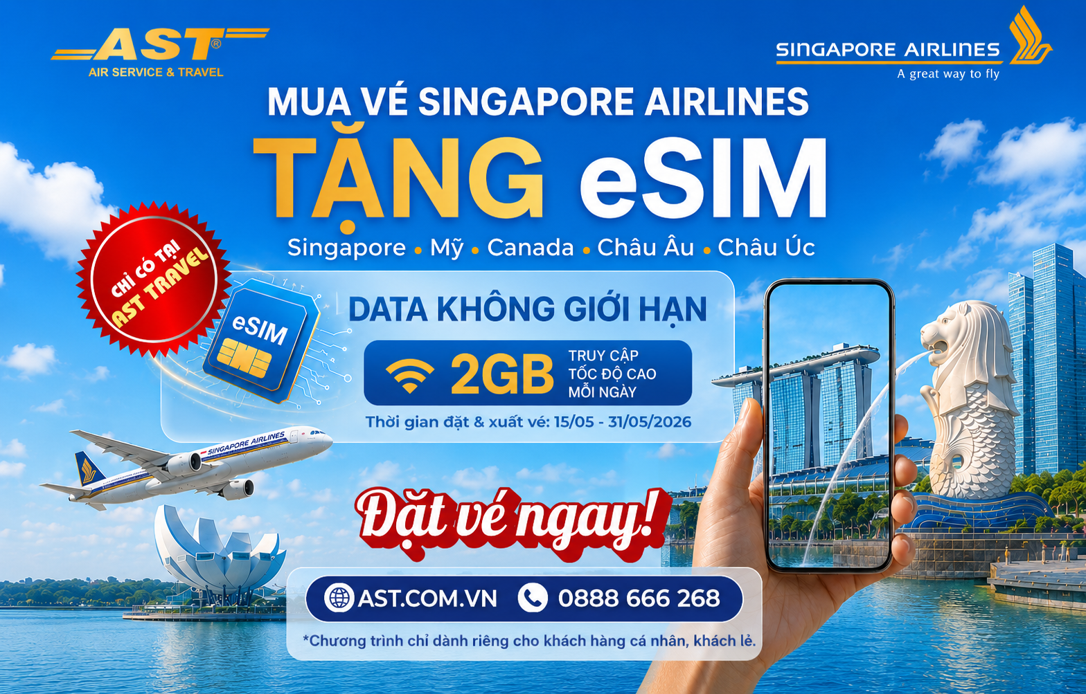 ĐẶT VÉ SINGAPORE AIRLINES TẶNG NGAY eSIM DU LỊCH MIỄN PHÍ