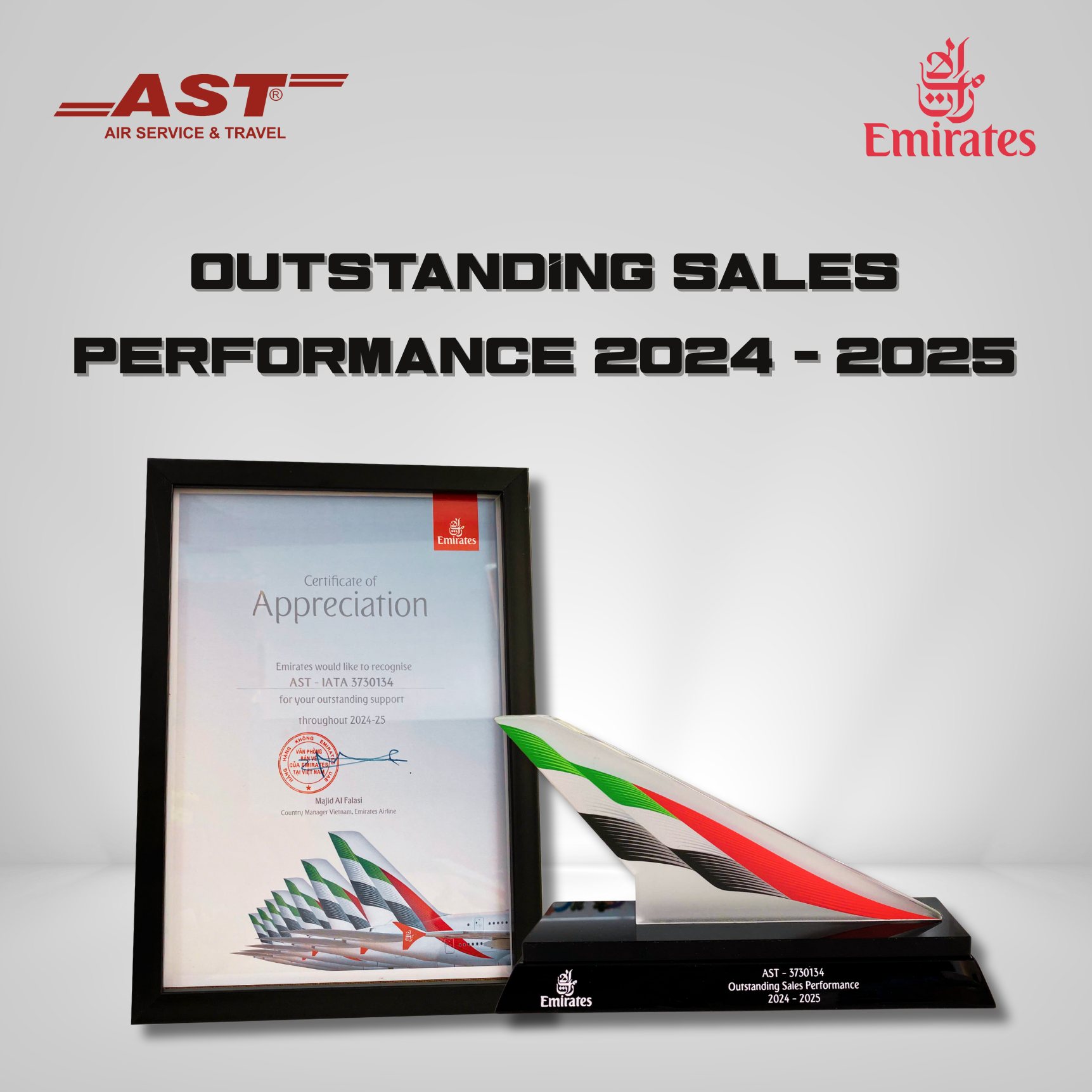 AST TRAVEL VINH DỰ NHẬN GIẢI OUTSTANDING SALES PERFORMANCE 2024–2025 TỪ EMIRATES