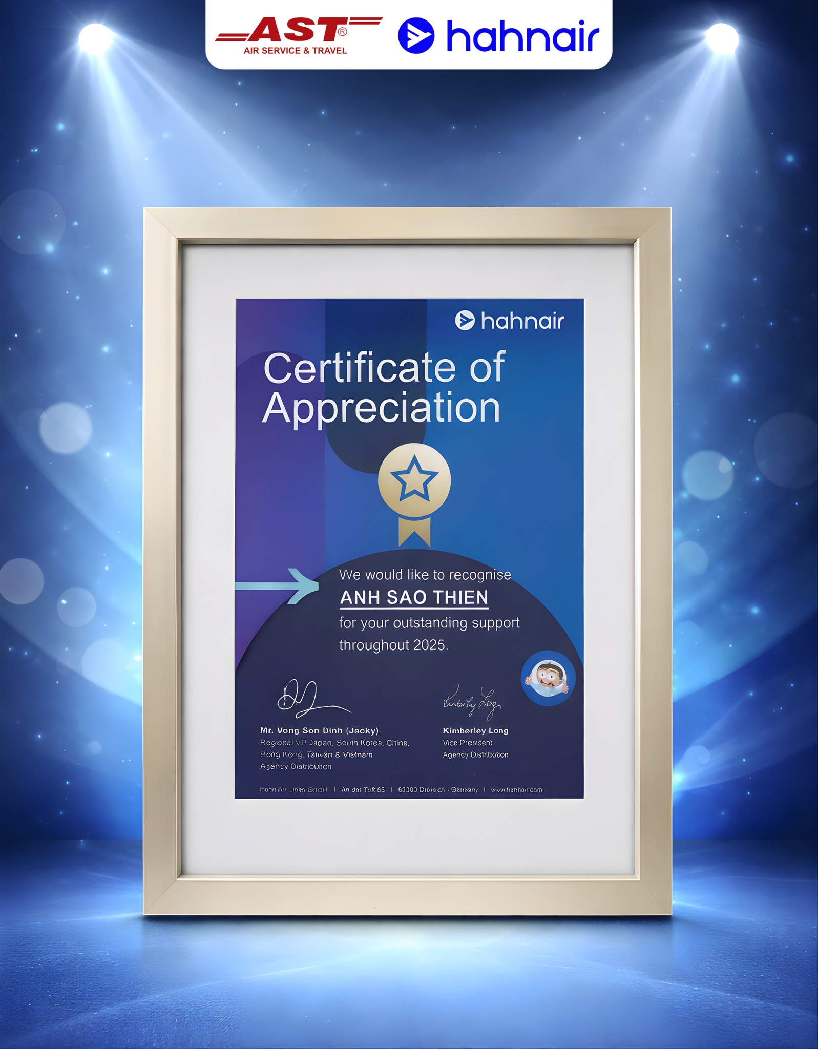 AST TRAVEL VINH DỰ NHẬN CERTIFICATE OF APPRECIATION 2025 TỪ HAHN AIR